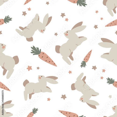 Seamless pattern of a light rabbit with a carrot on a white background. Vector illustration