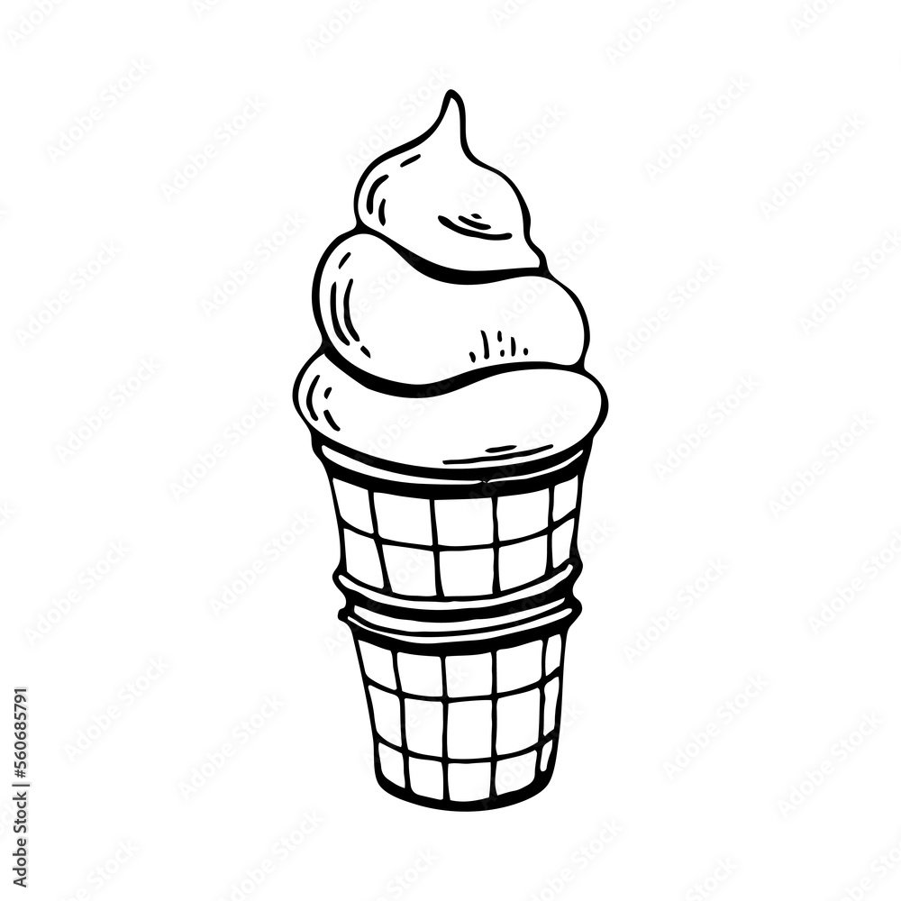 Coloring book ice cream. Waffle cone. Cold summer dessert. Hand drawn ...