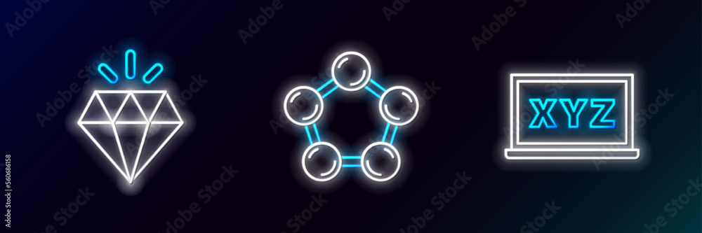 Set line XYZ Coordinate system, Diamond and Molecule icon. Glowing neon. Vector Set line XYZ Coordinate system, Diamond and Molecule icon. Glowing neon. Vector