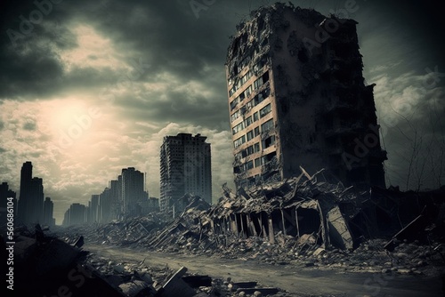 Obraz na płótnie Destroyed city, Post-apocalyptic, War zone created with Generative AI technology