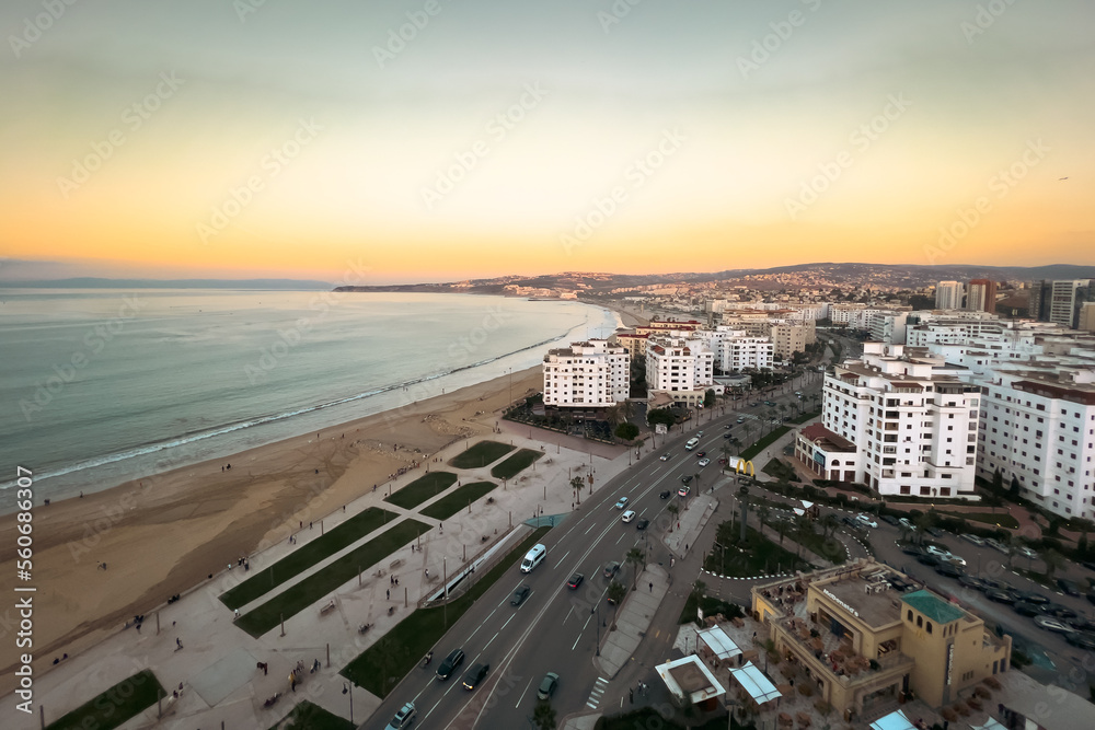 Aerial view over the buildings downtown Tanger nearby the Mediterranean Sea in Morocco