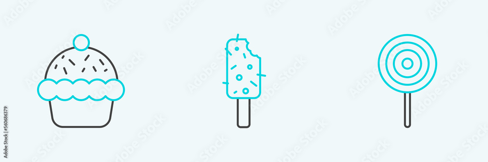 Set line Lollipop, Cupcake and Ice cream icon. Vector Set line Lollipop, Cupcake and Ice cream icon. Vector