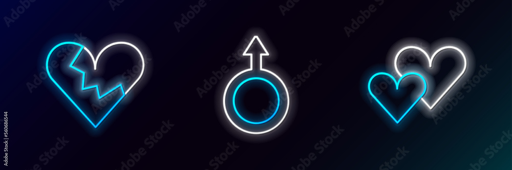 Set line Heart, Broken heart or divorce and Male gender symbol icon. Glowing neon. Vector Set line Heart, Broken heart or divorce and Male gender symbol icon. Glowing neon. Vector