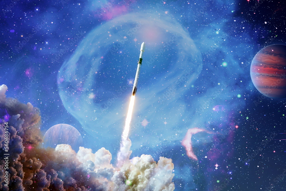 Fototapeta premium Shuttle launch in the clouds to outer space. Dark space with stars on background.Spaceship flight. Elements of this image furnished by NASA