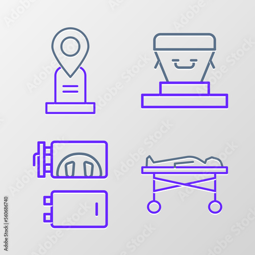 Set line Dead body in the morgue, Crematorium, Coffin and Location grave icon. Vector