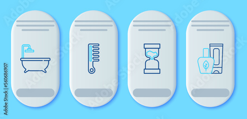 Set line Hairbrush, Old hourglass, Bathtub and Ointment cream tube icon. Vector