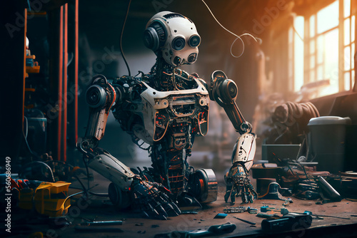 Humanoid robot disassembled to recycle spare parts for maintenance and repair of machine learning on an assembly line in a business factory, computer Generative AI stock illustration image