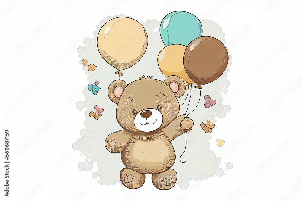 Brown teddy bear cartoon isolated on a white background standing and holding air balloons, useful as a birthday party greeting card for a children's party, computer Generative AI stock illustration Brown teddy bear cartoon isolated on a white background standing and holding air balloons, useful as a birthday party greeting card for a children's party, computer Generative AI stock illustration
