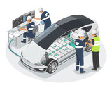Electric Car Research and Development Manufacturing Engineer R and D team production ev car Motor and lithium battery li ion pack isometric Isolated vector illustration