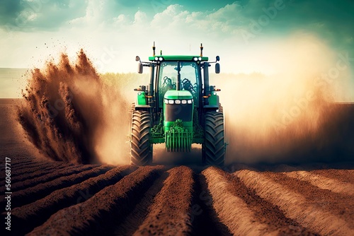 Fototapeta agricultural tractor rides through field in rows with seedlings and raises dust