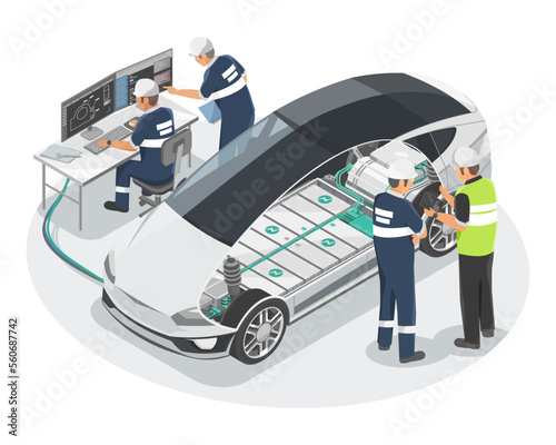 Electric Car Research and Development Manufacturing Engineer R and D team production ev car Motor and lithium battery li ion pack isometric Isolated vector illustration