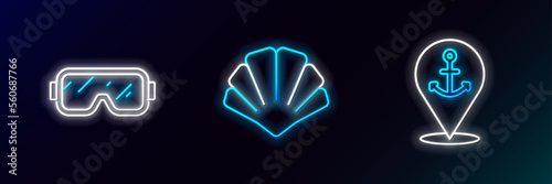 Set line Location with anchor, Diving mask and Scallop sea shell icon. Glowing neon. Vector