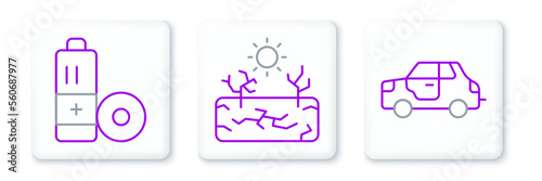 Set line Car, Battery and Drought icon. Vector