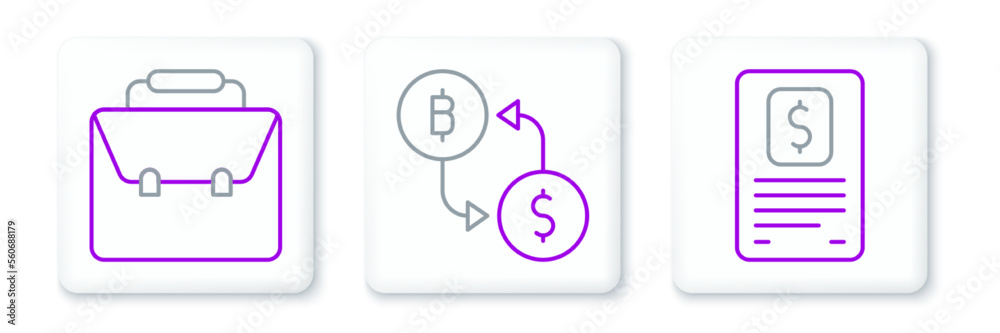 Set line Business finance report, Briefcase and Cryptocurrency exchange icon. Vector