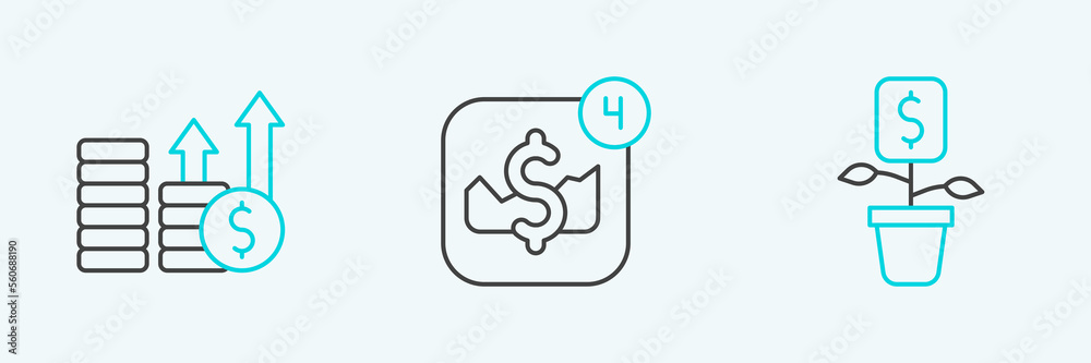 Set line Dollar plant, Financial growth and dollar and Mobile stock trading icon. Vector Set line Dollar plant, Financial growth and dollar and Mobile stock trading icon. Vector