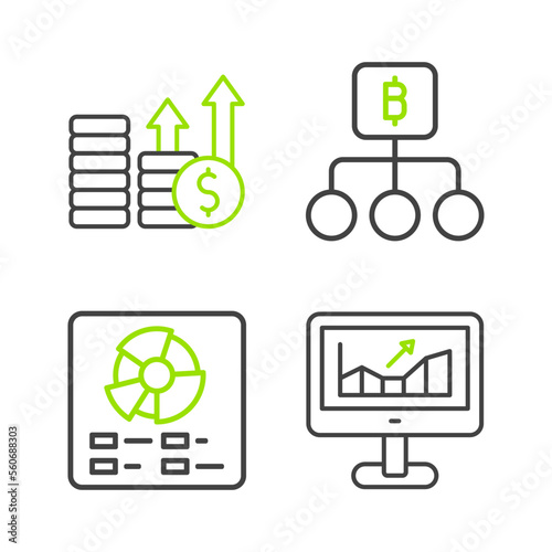 Set line Computer with growth graph, Pie chart infographic, Blockchain technology Bitcoin and Financial and dollar icon. Vector © Oksana