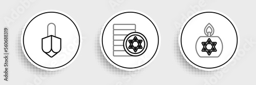 Set line Burning candle, Hanukkah dreidel and Jewish coin icon. Vector