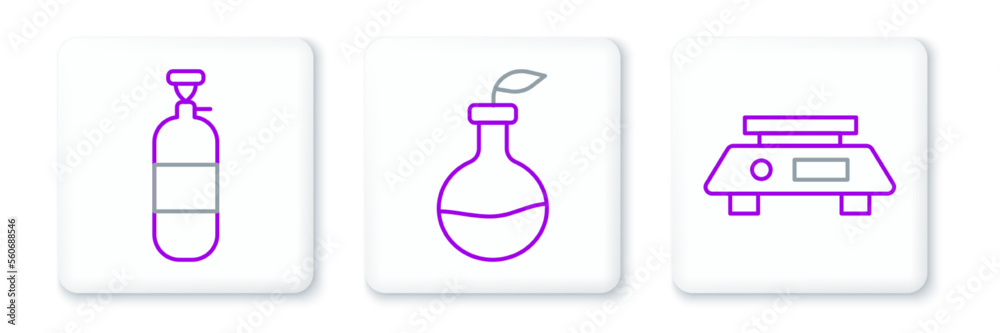 Set line Electronic scales, Propane gas tank and Plant breeding icon. Vector Set line Electronic scales, Propane gas tank and Plant breeding icon. Vector