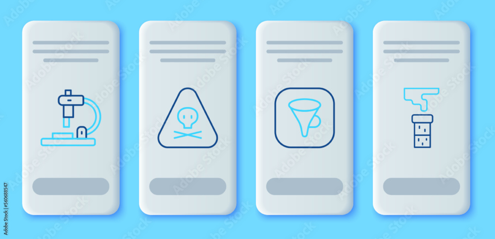 Set line Triangle warning toxic, Funnel or filter, Microscope and Test tube and flask icon. Vector