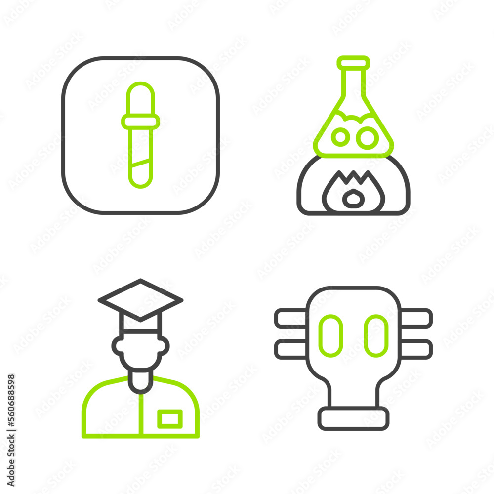 Set line Gas mask, Laboratory assistant, Test tube flask on fire and Pipette icon. Vector Set line Gas mask, Laboratory assistant, Test tube flask on fire and Pipette icon. Vector