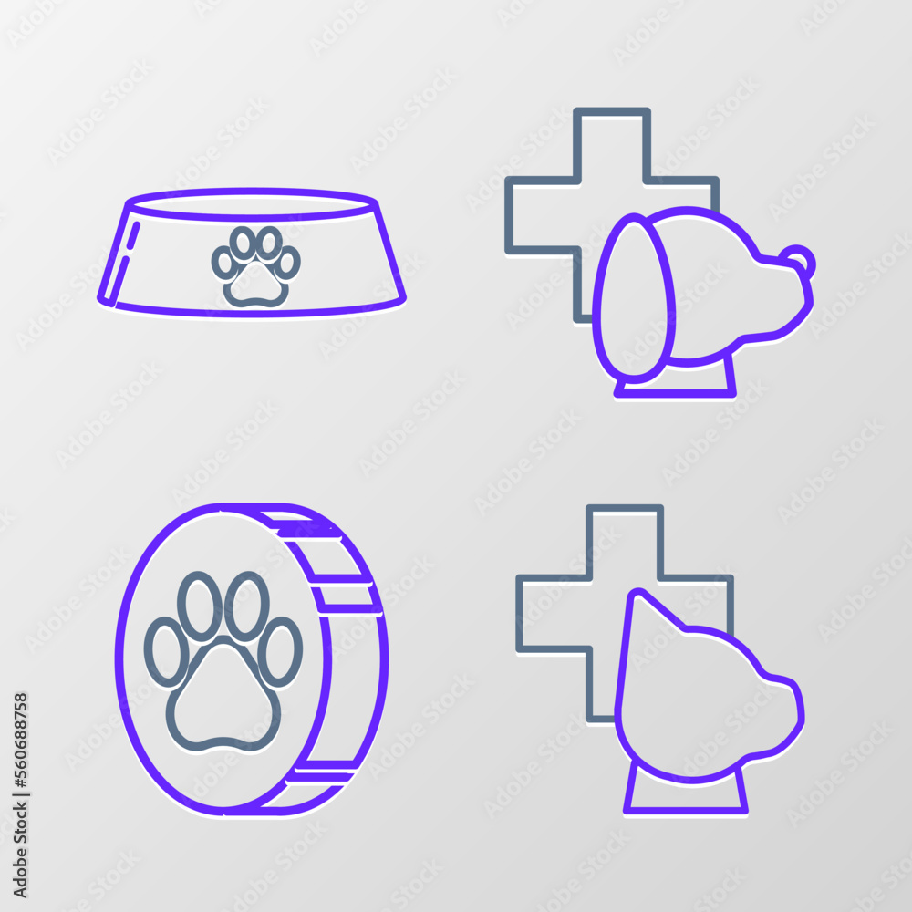 Set line Veterinary clinic symbol, Paw print, and Pet food bowl for cat or dog icon. Vector Set line Veterinary clinic symbol, Paw print, and Pet food bowl for cat or dog icon. Vector
