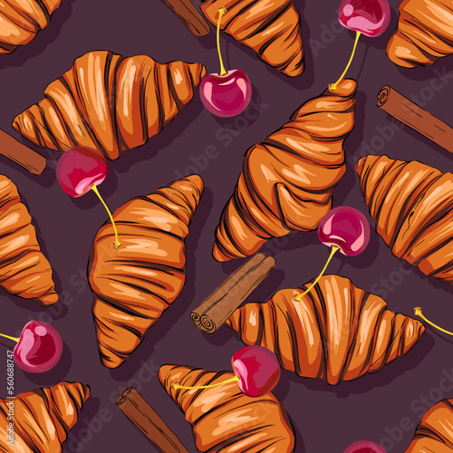 Seamless pattern croissants, cherries, cinnamon. delicious pastries