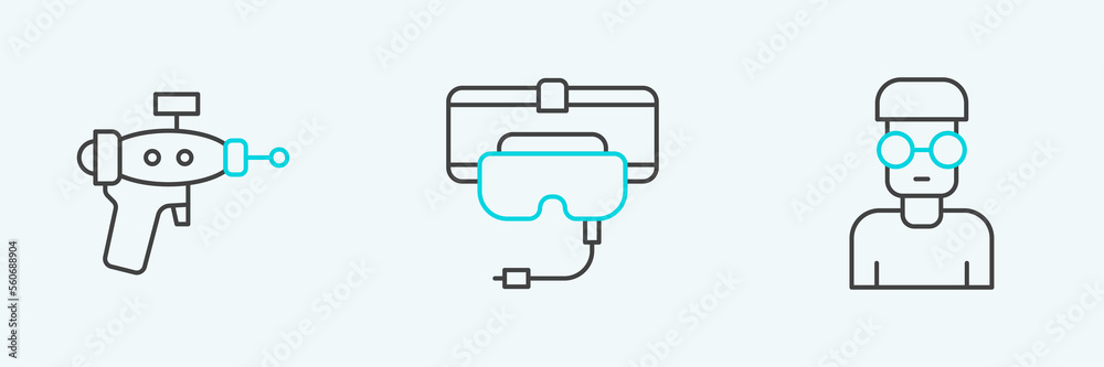 Set line Nerd geek, Ray gun and Virtual reality glasses icon. Vector Set line Nerd geek, Ray gun and Virtual reality glasses icon. Vector