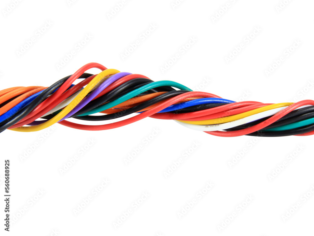 Multicolored wire cable of usb and adapter isolated on white background.Electronic Connector.Selection focus.