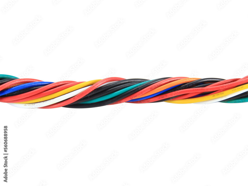 Multicolored wire cable of usb and adapter isolated on white background.Electronic Connector.Selection focus.