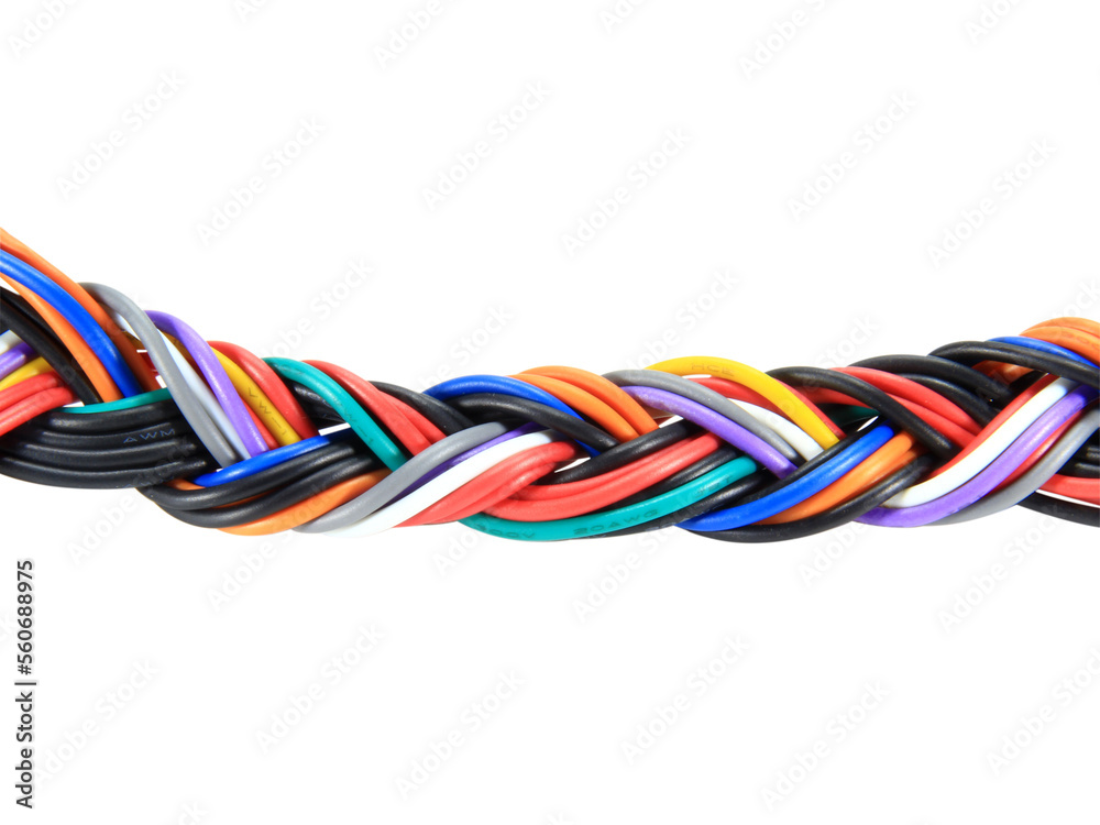 Multicolored wire cable of usb and adapter isolated on white background.Electronic Connector.Selection focus.