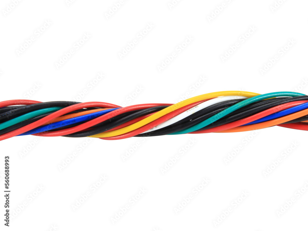 Multicolored wire cable of usb and adapter isolated on white background.Electronic Connector.Selection focus.