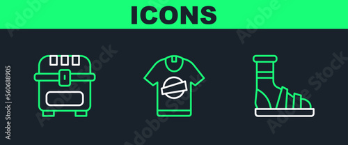 Set line Slippers with socks, Antique treasure chest and T-shirt icon. Vector