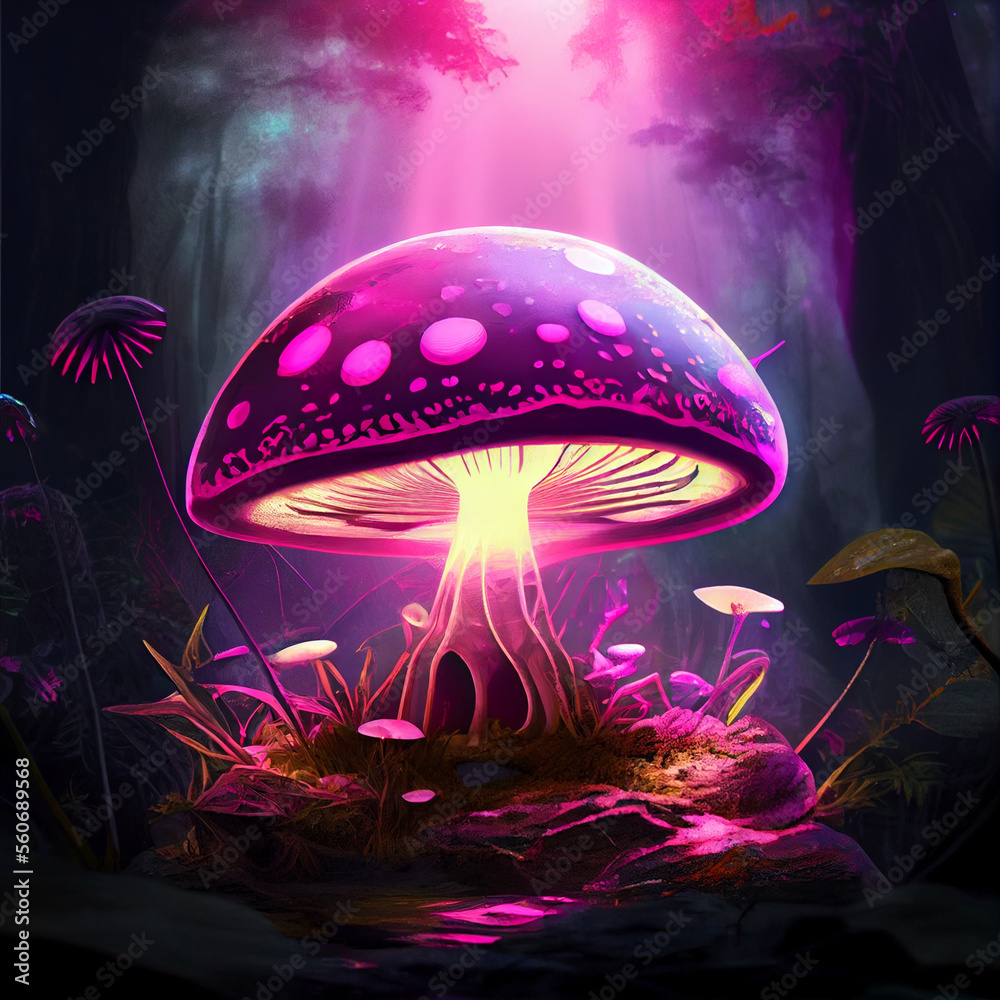 Pink Light Mushroom in Jungle Metallic-punk Style. Generative Ai Pink Light Mushroom in Jungle Metallic-punk Style. Generative Ai