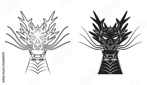 Line art vector of dragon head concept drawing in black and white