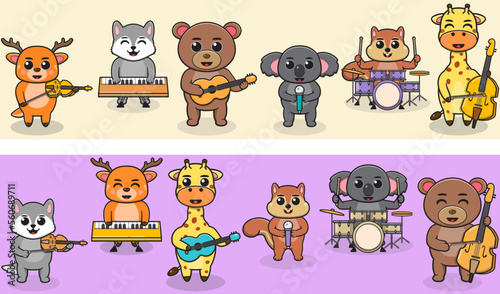 Cartoon wild animal play music band. Deer, wolf, bear, koala, squirrel, giraffe. Illustration set with different animals. Animals playing music instruments. 