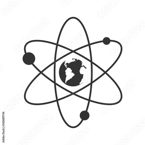 Atom icon with earth inside. Atom planet logo. Vector illustration.