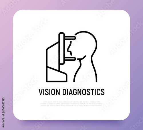 Vision diagnostics: human looking at ophthalmic refractometer. Thin line icon. Modern vector illustration for ophthalmology.