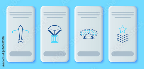 Set line Airdrop box, Brass knuckles, Jet fighter and Military rank icon. Vector