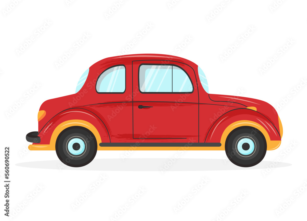 Retro red car isolated on white background. Cartoon vector illustration.