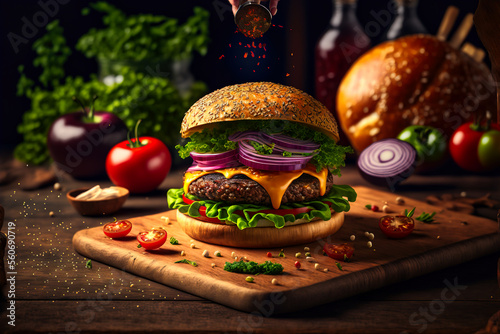 tasty burger server on a chopping board with scattered ingredients around it photo