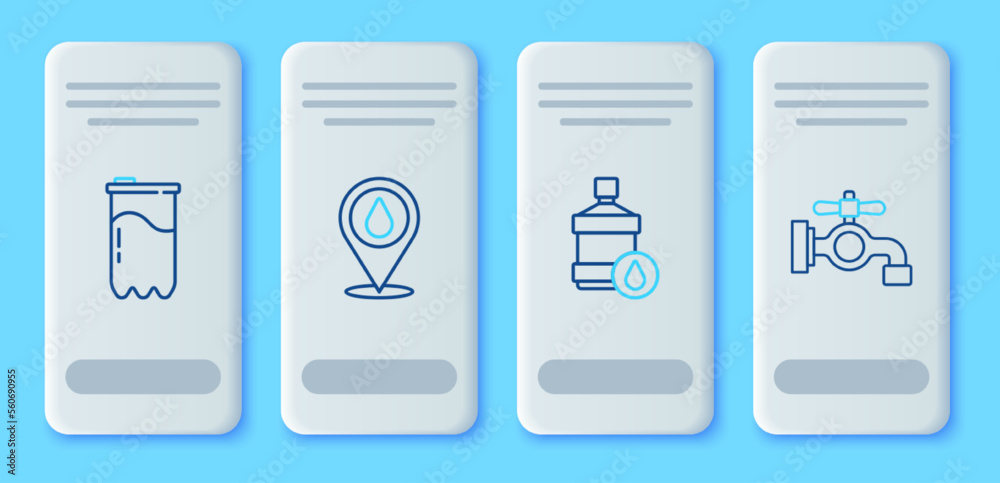 Set line Water drop with location, Big bottle clean water, filter cartridge and tap icon. Vector