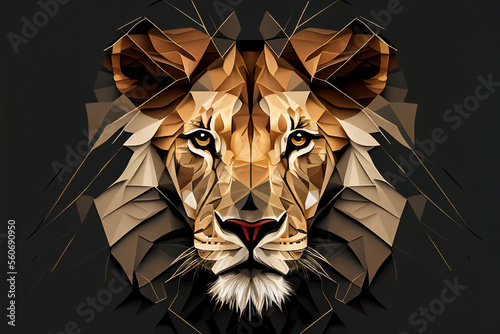 Geometric lion head with the face in a polygon abstract pattern, computer Generative AI stock illustration image