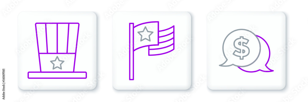 Set line Coin money with dollar, Patriotic American top hat and flag icon. Vector Set line Coin money with dollar, Patriotic American top hat and flag icon. Vector