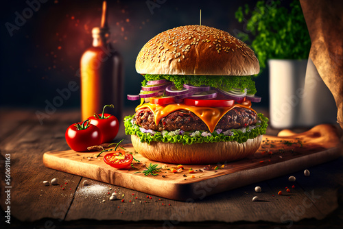 tasty burger server on a chopping board with scattered ingredients around it photo