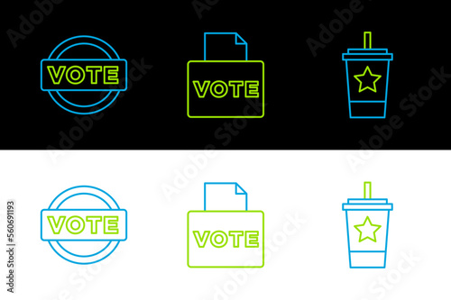 Set line Paper glass with straw, Vote and box icon. Vector