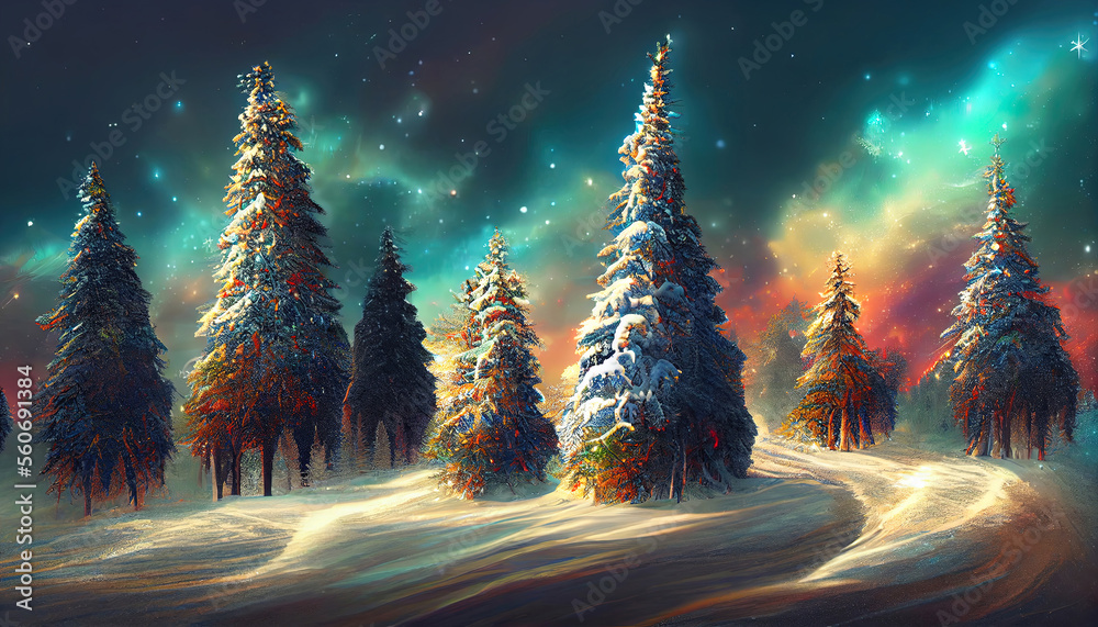 3D art, Magical trees with snow in winter forest at christmas night 3D art, Magical trees with snow in winter forest at christmas night