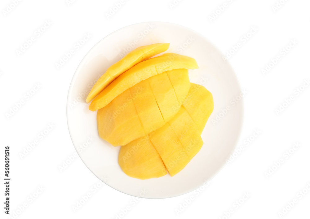 Ripe mangoes in a plate on a white background
