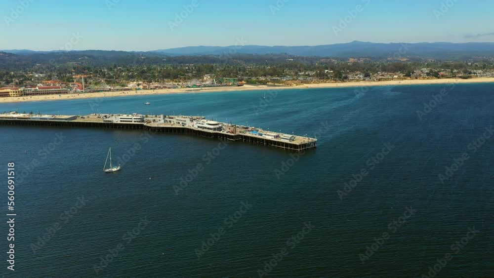 Aerial Panning Shot Of Buildings On Beautiful Pier At Beach In City Against Sky - San Francisco, California