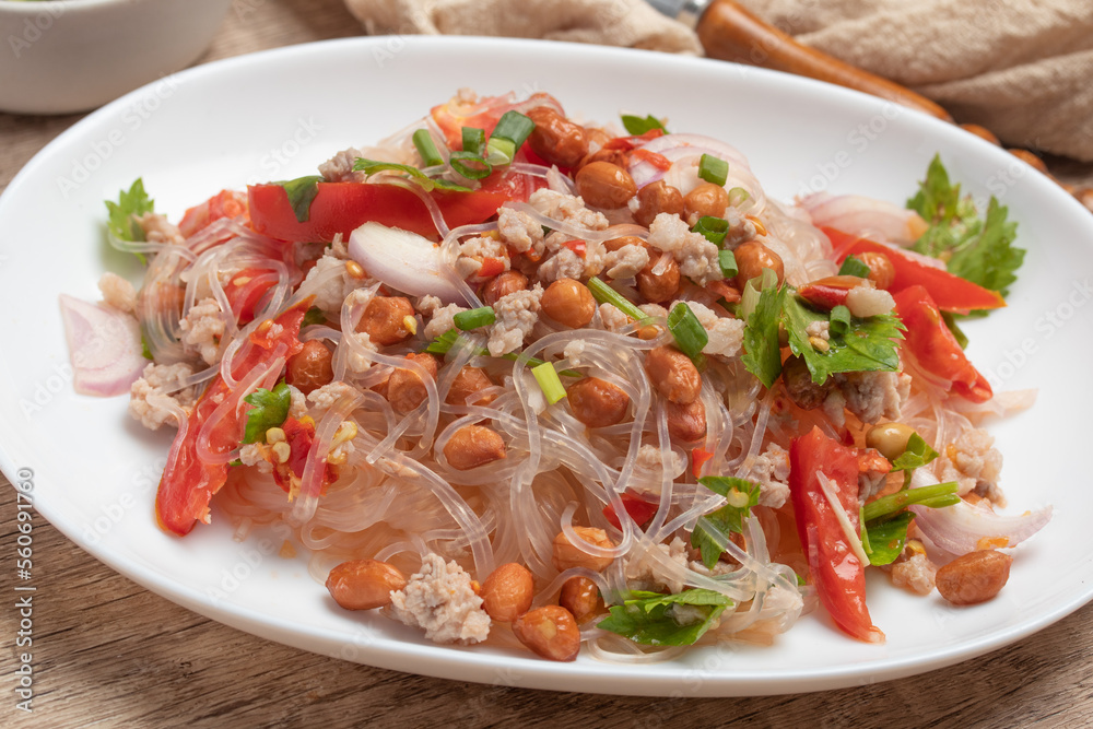 Vermicelli salad with minced pork, spicy food.Thai food Vermicelli salad with minced pork, spicy food.Thai food