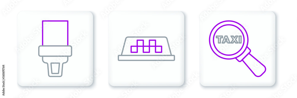 Set line Magnifying glass and taxi car, Safety belt and Taxi roof icon. Vector